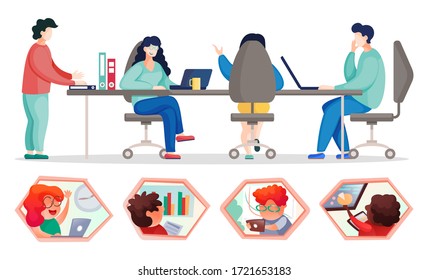 Business partners team sitting on the office table, brainstorm, teamwork meeting, people talking and working at coworking center, business executives people working and talking together. Meeting set