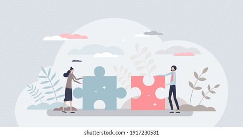 Business partners teamwork with two jigsaw puzzle pieces tiny person concept. Mutual cooperation, collaboration and partnership strategy to unite company with work relationship vector illustration.