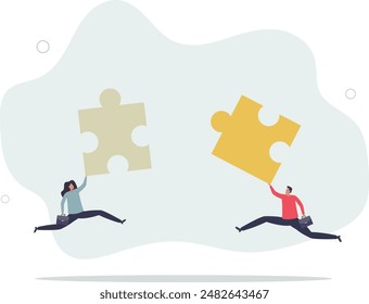 Business partners teamwork with two jigsaw puzzle pieces .flat design.illustration with people.