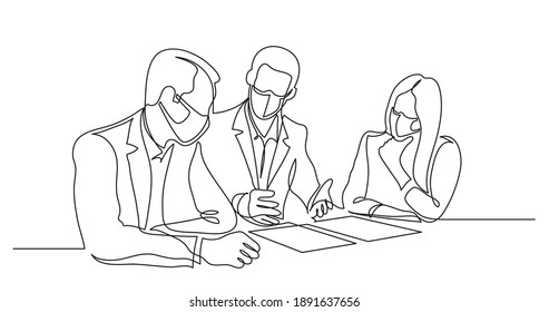 business partners wearing face masks discussing details of work contract - one line drawing