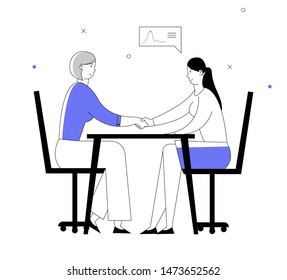 Business Partners Women Handshaking Sitting at Table Face to Face. Partnership Concept of Businesspeople Meeting, Shaking Hands Agreement Negotiation. Cartoon Flat Vector Illustration Line Art Style