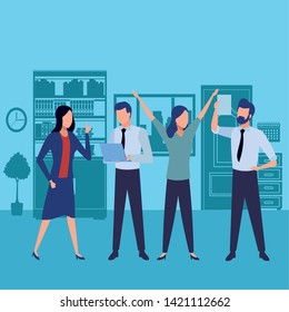 Business partners working with office documents and laptops on blue office scenery background, vector illustration.