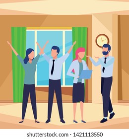 Business partners working with office documents and laptops inside office with windows and clock scenery, vector illustration