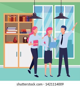 Business partners working with office documents and laptops inside office with library and window cityscape view,vector illsutration.