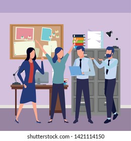 Business partners working with office documents and laptops inside office with computer and cabinet background, vector illustration.