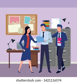 Business partners working with office documents and laptops inside office with computer and cabinet background, vector illustration.