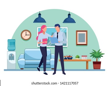 Business partners working with office documents and laptops inside office with sofa, desk and water dispenser scenery, vector illsutration.