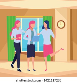 Business partners working with office documents and laptops inside office with windows and clock scenery, vector illustration