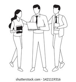 Business partners working with office documents and laptops in black and white isolated faceless avatar vector illustration graphic design