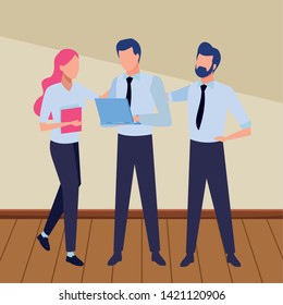 Business partners working with office documents and laptops inside office with wooden floor scenery, vector illustration.