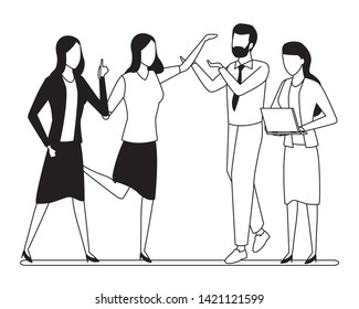 Business partners working with office documents and laptops in black and white isolated faceless avatar vector illustration graphic design