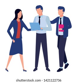 Business partners working with office documents and laptops colorful isolated faceless avatar vector illustration graphic design