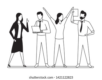 Business partners working with office documents and laptops in black and white isolated faceless avatar vector illustration graphic design