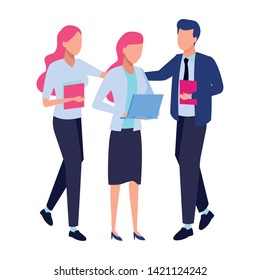 Business partners working with office documents and laptops colorful isolated faceless avatar vector illustration graphic design