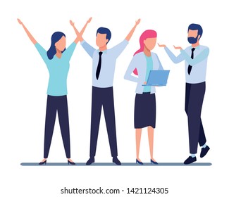 Business partners working with office documents and laptops colorful isolated faceless avatar vector illustration graphic design