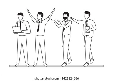 Business partners working with office documents and laptops in black and white isolated faceless avatar vector illustration graphic design
