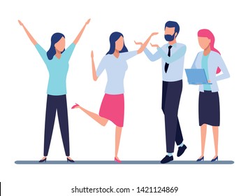 Business partners working with office documents and laptops colorful isolated faceless avatar vector illustration graphic design