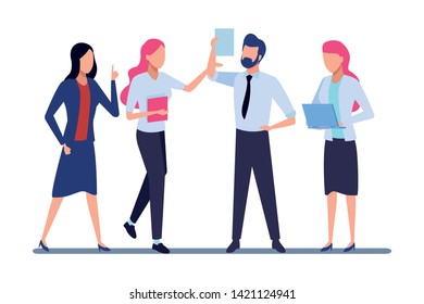 Business partners working with office documents and laptops colorful isolated faceless avatar vector illustration graphic design