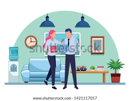 Business partners working with office documents and laptops inside office with sofa, desk and water dispenser scenery, vector illsutration.