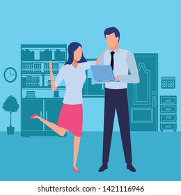 Business partners working with office laptop on blue office scenery background, vector illustration.