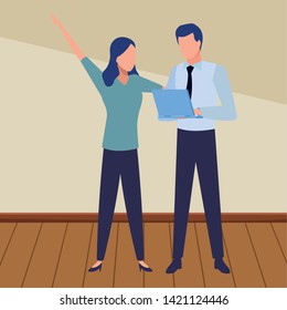 Business partners working with office laptop inside office with wooden floor scenery, vector illustration.