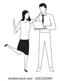 Business partners working with office laptop in black and white isolated faceless avatar vector illustration graphic design