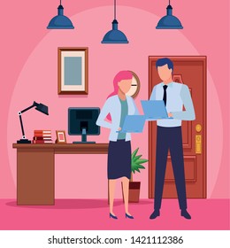 Business partners working with office laptops inside office with computer and desk background, vector illustration.
