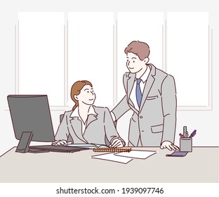 Business partners working on project. Teamwork, meeting, cooperation, business concept. Hand drawn in thin line style, vector illustrations.
