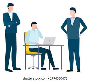 Business partners working together vector, people wearing formal suits looking at worker. Man sitting by laptop talking on phone, businessman in office