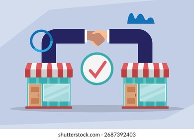 Parceria de negócios e acordo entre duas empresas ou lojas 2d ilustração vetor plana