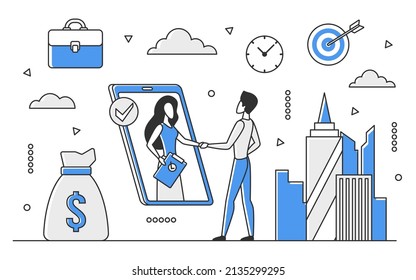 Business partnership agreement. Contract signing, handshake cooperation vector monocolor illustration