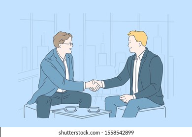 Business, partnership, agreement, teamwork concept.   Happy men greet each other. Flat simple vector.