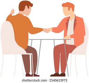Business partnership beginning. Businessman partners shaking hands after signing contract agreement closing deal sitting at negotiations table. Working meeting, communication, dialogue at workplace