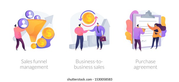 Conjunto de ícones de desenhos animados de parceria comercial. Geração de leads. Gerenciamento de funil de vendas, vendas business-to-business, metáforas de contrato de compra. Ilustrações de metáfora de conceito isolado vetorial