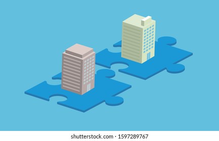 Business Partnership and Collaboration Concept – Two Office Buildings Standing on Fitting Puzzle Pieces, Representing Corporate Alliance, Mergers, Strategic Integration, and Intercompany Cooperation