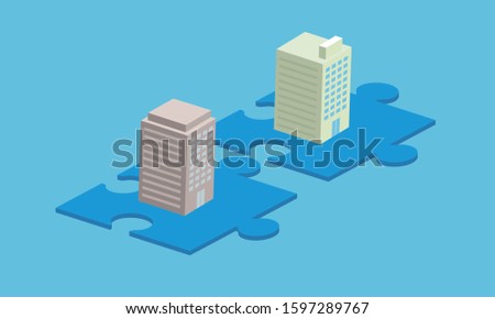 Business Partnership and Collaboration Concept – Two Office Buildings Standing on Fitting Puzzle Pieces, Representing Corporate Alliance, Mergers, Strategic Integration, and Intercompany Cooperation