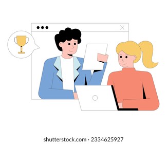 Business partnership. Colleagues communicating over Internet. Businesswoman taking notes. Career goal achievement for employees. Flat vector illustration in blue and red colors