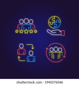 Business partnership color neon icons set. Synergy, teamwork, collaboration, research, meeting. Thin line customizable illustration. Vector isolated outline drawing.