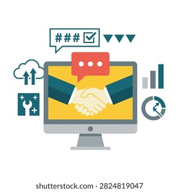 Business partnership and communication concept with handshake on computer screen
