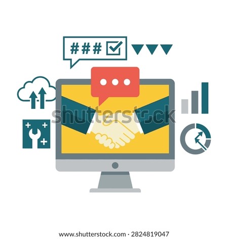 Business partnership and communication concept with handshake on computer screen