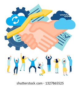 Business and partnership concept, agreement of parties, hand shake, success, hi-tech technology, signing documents together. 
Office workers are standing. People are happy about the deal.
Vector