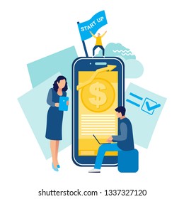 Business and partnership concept, agreement of parties, success, hi-tech technology, signing documents, working together. 
Office workers are standing. People are happy about the deal. Vector