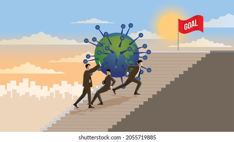 The Business partnership concept. The economic crisis by COVID-19 pandemic. Business owners carrying a huge problem with teamwork support and step up stairs to the top with the goal of victory flag.