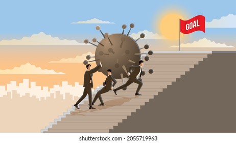 The Business partnership concept. The economic crisis by a pandemic. Business owners carrying a huge problem with teamwork support and step up the stairs to the top with the goal of a victory flag.