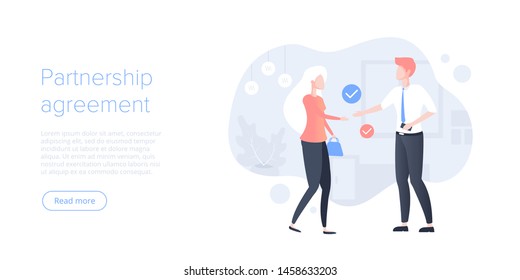 Business partnership concept in flat vector illustration. Corporate agreement or deal with businessman and businesswoman handshake. Teamwork success background for web banner layout template.