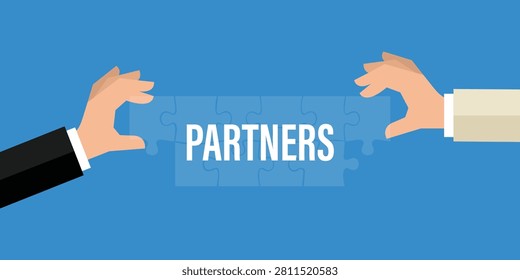 Business partnership concept with hands connecting puzzle pieces teamwork collaboration illustration flat vector isolated on blue background corporate cooperation strategy concept design
