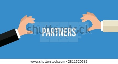 Business partnership concept with hands connecting puzzle pieces teamwork collaboration illustration flat vector isolated on blue background corporate cooperation strategy concept design