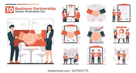 Business partnership concept illustration set showing agreement, handshake, profit sharing, and successful collaboration between partners in modern flat design