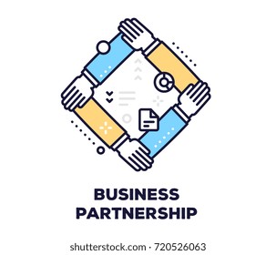 Business partnership concept on white background with title. Vector illustration of connected hands together. Thin line art design for web, site, banner, business presentation