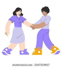 Business partnership concept. Two animated characters engaging in a friendly handshake. Professional collaboration and agreement. Vector illustration.